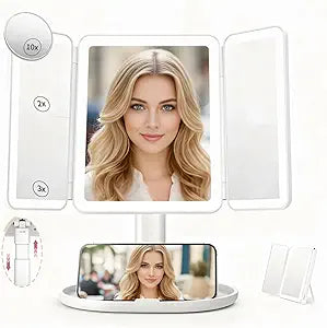 Makeup Mirror with LightsVanity Mirror with Lights 2X/3X/10X Magnification, Smart Sensor, Adjustable Stand & Brightness, Travel Makeup Mirror with Type-C Fast Charging 3-Colors, Gifts for Women Girls