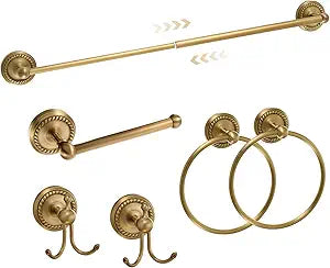 6 Pcs Antique Brass Gold Bathroom Accessories Set 15.7"-26.7" Solid Brass Towel Bar, Towel Ring, Toilet Paper Holder, Robe Hook, Wall Mounted Vintage Bath Hardware Fixture Set