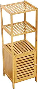 Natural Bamboo Multi-Purpose 4-Tier Storage Floor Cabinet, Unique lockable bottom, Freestanding Multifunctional Floor Shelving Unit/ linen cabinet for Bathroom, Kitchen & Living Room,Easy to Assemble