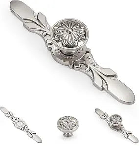 10 Pack Round Silver Drawer Pulls with Backplate - 1.22?Knob & 5.8?Plate - Modern Cabinet Knobs for Decorative Dresser Flower Look, Kitchen Cabinets Knobs, Bathroom Drawer Knobs