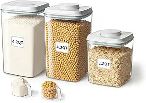 Airtight Food Containers Set with One-Touch Lid, Mixed Size Set (2.8 Qt + 4.2 Qt *2) with Scoop, Stackable Jars for Complete Kitchen Organization