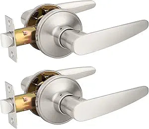 Probrico 2 Pack Unlocking Passage Door Levers Keyless Door Handles Lockset with Satin Nickel Finish for Hallway/Closets/Laundry Rooms, Home/Office Use
