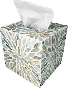 i-lan Mother of Pearl Cube Tissue Cover Box,Sea Pearl Shell Blue Flower Decorative Square Tissue Holder,5.9 Capiz Mop Napkin Box with Bottom Slider