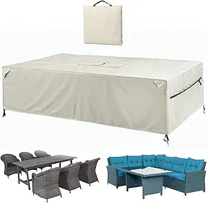 Patio Furniture Covers Waterproof - 420D Outdoor Table and Chair Set Cover with Built-in Storage Bag - Rectangular Patio Table Cover for 6-Seat Dining Set or Sectional Sofa - Beige