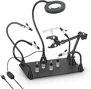 Helping Hands Soldering Circuit Board Holder Magnetic Third Hand Tools with 3X LED Magnifying Lamp, 360 Hot Air Gun Holder, Flexible Metal Arms Heavy Duty Base Electronic Repair Tool Magic Hand