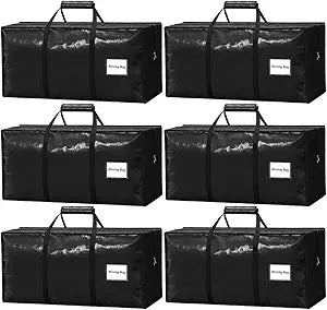 6 Pack Heavy Duty Moving Bags with Padded Wrap Around Handles-Strengthened Zipper Extra Large Storage Totes for Dorm College Clothes Black