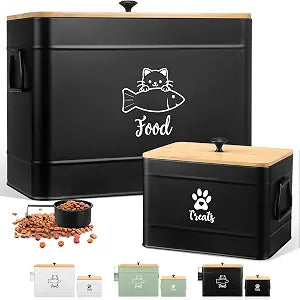 Reallnaive Extra Large Metal Cat Food Containers Airtight 12+3.5 lbs Cat Treat Snack Jars Set of 2 with Bamboo Lids and Spoons Farmhouse Big Pet Cookie Storage Jars for Kitchen Counter Gifts(Black)