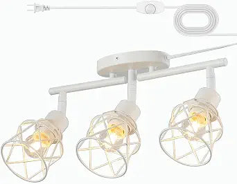 Dimmable Plug in Ceiling Light,Plug in Track Lighting,3 Light White Industrial Farmhouse Ceiling Light with 16.5' Cord,Adjustable Rotatable Cage Lamp Heads,E26 Base(Bulbs Not Included)