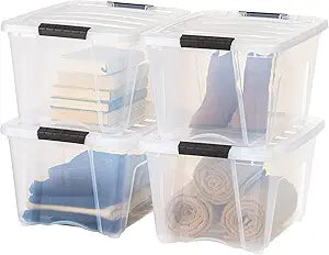 IRIS USA 32 Qt Stackable Plastic Storage Bins with Lids, 4 Pack - BPA-Free, Made in USA - See-Through Organizing Solution, Latches, Durable Nestable Containers, Secure Pull Handle - Clear