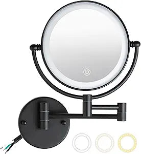 8" Wall Mounted Lighted Makeup Vanity Mirror with 3 Color Lights Stepless Dimming, 1X/10X Magnifying LED 2-Sided Bathroom Touch Sensor Extendable Arm 360 Swivel Shaving Mirror Hardwired, Matte Black