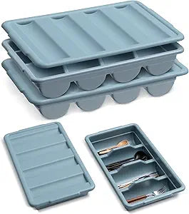 Maxdot 2 Pcs 20.5 x 11.9 x 3.7 Inch Silverware Organizer with Lid, Commercial 4-compartment Restaurant Kitchen Cutlery Tray, Plastic Silverware Storage Container, Condiments Holder (Grayish Blue)