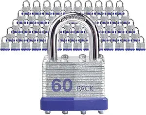 Keyed Alike Laminated Steel Padlocks, Standard Shackle, for Hasp, Shed, Fence, Storage Locker, School, Gym (60 Pack)