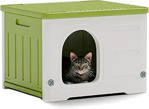Plastic Cat House for Outdoor Indoor Use, Stackable Feral Cat Shelter Indoor Cat House Weatherproof Waterproof Elevated (Green)