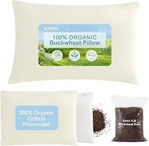 MIOTO Organic Buckwheat Pillow for Sleeping with Dual-Layer Pillowcase and Extra Tartary Buckwheat Hulls, Adjust Height and Firmness, Neck Support Pillow for Back and Side Sleepers 20"x26"