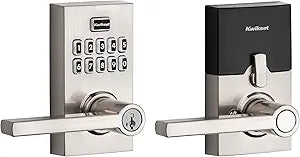 Kwikset SmartCode 917 Keypad Keyless Entry Contemporary Residential Electronic Lever Lock Deadbolt Alternative with Halifax Door Lever and SmartKey Security, Satin Nickel