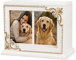 Rococo Acanthus Relief White & Gold Wood Pet Urn, Dogs & Cats Memorial Gift | Hand-gilded memorial box ashes keepsake urn for pet loss. Large capacity, hinged lid, slide-out 2-photo real glass frame