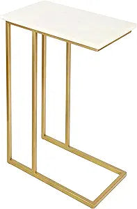JONATHAN Y Caius Modern White Marble C-Shaped End Table with Matte Gold Metal Base, 24.25" Tall Slide Under Sofa Drink Table for Small Spaces, Living Room, Fully Assembled END4005B