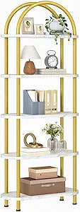 HOOBRO 5 Tier Open Bookshelf, Industrial Arched Bookcase Display Shelf Rack, Wooden Bookcase Storage Shelf Metal Frame, Tall Storage Organizer for Home, Easy Assembly, Gold DM176SJ01