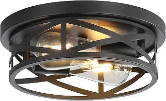 Farmhouse Ceiling Light Fixtures, 11 Inch Metal Cage Cross Close to Ceiling Lights 2-Light, Vintage Flush Mount Ceiling Lights for Bedroom Porch Kitchen Entrance Hallway, Black