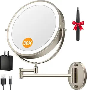 5000mAh Rechargeable Wall Mounted Lighted Makeup Mirror, 9'' 30X/1X Double-Sided Magnifying Mirror with Light, Bathroom Mirror Touch Dimmable 3 Colors 360 Rotation Extended Arm, Power Adapter