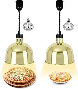 Nuanchu 2 Pack Hanging Food Heat Lamp Retractable with 250w Heating Bulb Commercial Infrared Food Service Warmer Fry Heating Light for Buffet Restaurant Kitchen Use (Gold,Dia 29cm)
