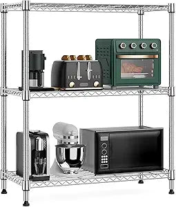 M MZG 750 lbs 3 Tier Storage Rack Metal Wire Shelving Unit, Storage Standing Shelf Organizer for Laundry Bathroom Kitchen Pantry Closet Garage Basement Utility Room, Chrome 13.8" D x 29.5" W x 35.5" H