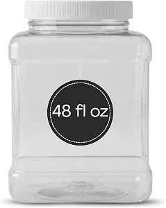 Pride of India Clear Food Grade PET Plastic Jar  48 Fluid Ounce | Square-Grip Plastic Containers for Snacks, Candy, Cereal, Pet Food, Kitchen, Pantry & Household Storage (4-5 Cup Storage Capacity)