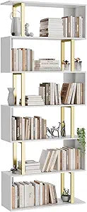 Gadroad 6-Tier Geometric Bookcase,S Shaped Bookshelf, Wood Decorative Storage Shelving, Modern Freestanding Display Shelves, Tall Book Shelf Unit for Living Room Bedroom
