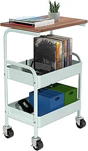 Rolling Cart with Wooden Tabletop, 3 Tier Metal Utility Cart, Rolling Storage Organizer Cart with Lockable Wheels for Kitchen, Office, Bedroom (Green)