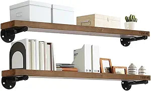 TEN49 Real Wood Rustic Floating Shelves Wall - 36 Wide Small Wooden Industrial Pipe Shelving - Farmhouse Pipe Wall Shelves Furniture Bathroom Decor Art Shelf Kitchen - Dark Espresso Color - Set of 2
