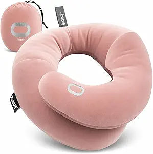 BCOZZY Travel Neck Pillow for Airplane Patented Double Support for Head, Neck, and Chin. Best for Long Flights, Plane Sleeping, and Car Rides. Adjustable Size. Fully Washable. Carry Bag. Large, Nude
