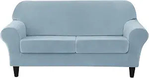 CONRUSER Stretch Sofa Slipcover, Soft Velvet Sofa Covers for 2 Cushion Couch Thick Furniture Protector for Pets & Kids (Light-Blue, M)