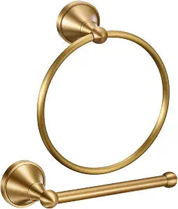 Antique Brass Bathroom Accessories Set, 2 Pcs Solid Brass Toilet Paper Holder and Oval Towel Ring, Wall Mounted Vintage Bath Hardware Kit for Rustic Farmhouse Decor(Round Ring Straight Bar)