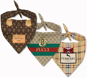3 Bandana Value Pack, Dog Bandana Designer Fashion Clothes Scarf kercheif for Small Dogs. Funny Parody Gift for Girl or boy Dog Soft Durable Fabric, Chewy Vuiton, Pucci, and Furry Plaid - (3 Pack)