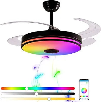 48 Inch Retractable Ceiling Fans with Lights, RGB Ceiling Fan with Remote Control,Speaker, Dimmable, 6 Speed Reversible Smart Ceiling Fans for Living Room Bedroom