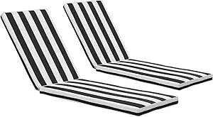 Outdoor Chaise Lounge Cushions Set of 2, 75"x22"x2.7" Thick Patio Chaise Cushions with Straps, Water-Resistant & Fade-Resistant Foam for Pool, Lawn Furniture-Black/White Striped
