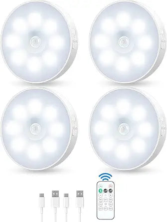 Motion Sensor Puck Light with Remote, Cool White, 4-Pack