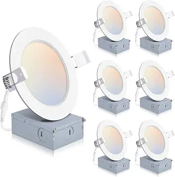 POWERASIA 6 Pack 4 Inch LED Recessed Lighting, 5CCT Canless Wafer, White