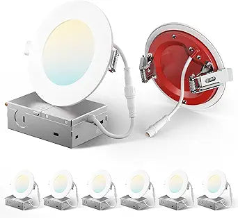 Amico 6 Pack 4 Inch Fire Rated LED Recessed Light with Junction Box, 2 Hour Fire Rating, 5CCT Selectable Ultra-Thin Ceiling Light, 900LM, Dimmable Canless Wafer Downlight, ETL & FCC, No Tenmat Needed