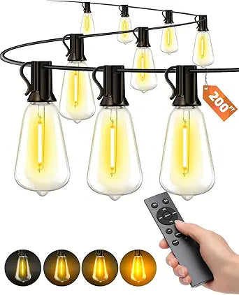 Outdoor Patio String Lights: 200Ft 60M Outside Waterproof Light - Remote Dimmable ST38 Shatterproof Bulb Connectable Hanging Outdoor Electric Lighting - Backyard Yard Gazebo Porch Party