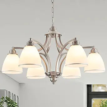 6-Light Brushed Nickel Farmhouse Chandelier for Dining Room with Milk White Frosted Glass Shades Adjustable Max Length 47" Hanging Light Fixtures for Kitchen, Living Room, Foyer, Entry