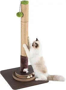 32''Cat Scratching Post, Natural Sisal Cat Scratcher with Toy & Hanging Pom Pom, Heavy Duty Cat Scratching for Indoor Cats, Kitten Scratching Post for Large Cats, Modern Cat Tree for Home Dcor