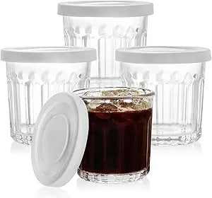 Working Glass Cups with Lids Set of 4,13.5oz Thick Drinking Glasses, Heavy Duty Glass Tumblers, Stackable Food Storage Jars,Clear Picardie Style Glassware