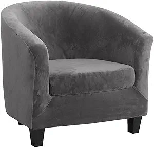 MIFXIN Tub Chair Slipcover 2-Piece Velvet Barrel Club Chair Covers with Cushion Cover Stretchy Soft Washable Armchair Sofa Couch Furniture Protector for Living Room Hotel Counter Cafe (Grey)