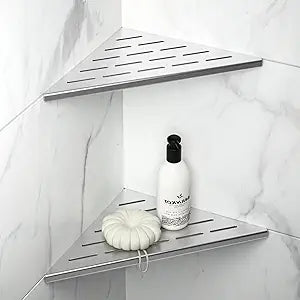 10'' Corner Shower Shelf 2PCS, 304 Stainless Steel Grout in Shelves for Tiled Wall, Recessed Bathroom Shelves (10'', Silver)