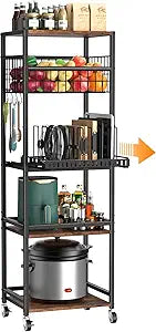 Housolution 5 Tier Kitchen Rolling Cart, Storage Cart with Metal Fruit Vegetable Basket and Pull-Out Pot Lid Cutting Board Organizer, Storage Rack with Wooden Top for Kitchen, Pantry, Bathroom, Brown