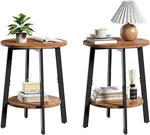 sthmec Side Table Set of 2, Small Round End Table with Storage Shelf for Small Space, 2-Tier Bedside Table Sofa Couch Table, Nightstands Set of 2 Accent Table for Living Room, Bedroom, Rustic Brown