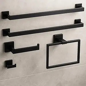 Matte Black Bathroom Hardware Set, 5-Piece SUS304 Stainless Steel Towel Bar Set, 23.8 Inch Wall Mounted Bathroom Accessories, Includes Toilet Paper Holder, Towel Ring & Hooks