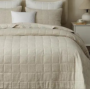 Powdion French Linen Quilt Queen, 100% Linen Front / 100% Cotton Back Pre-Washed Vintage Bedding for All Season, Oversized European 3 Pieces Stitch Bedspread with 2 Pillow Shams