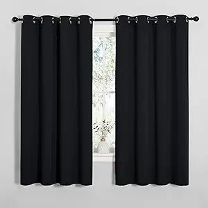 NICETOWN Bathroom Blackout Curtains and Drapes, 2 Panels, 55 inches Wide by 57 inches Long, Black Solid Thermal Insulated Grommet Blackout Drapery Panels for Window